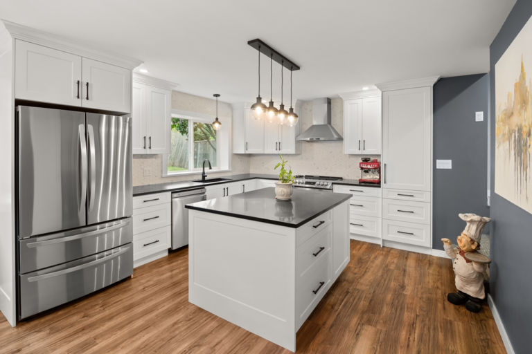 A full kitchen remodel with custom woodworking services.